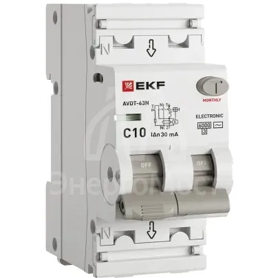 Выключатель автоматический дифференциального тока 2п (1P+N) C 10А 30мА тип AC 6кА АВДТ-63N (электрон.) PROxima EKF D63N26E10C30