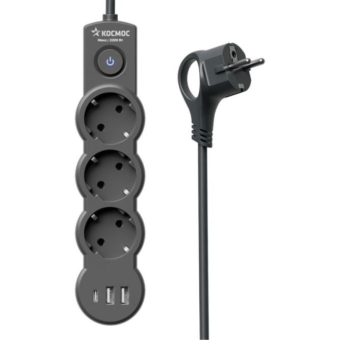 Удлинитель 3х3м с заземл. 10А IP20 USB 2800Вт 220В ПВС 3х1 с выкл. черн. КОСМОС YKsm3m3g-Z-VU10А-B