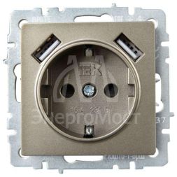 Розетка BRITE РЮш10-1-БрШ 16А с USB A+A 2.1А с заземл. защ. шторки шампань IEK BR-R14-16-U21-D21-K37