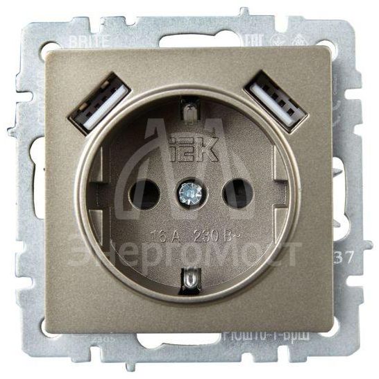 Розетка BRITE РЮш10-1-БрШ 16А с USB A+A 2.1А с заземл. защ. шторки шампань IEK BR-R14-16-U21-D21-K37