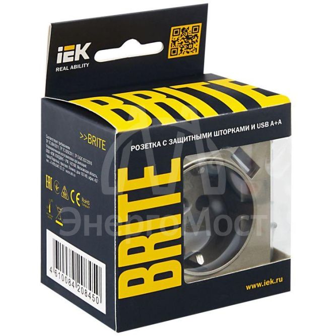 Розетка BRITE РЮш10-1-БрШ 16А с USB A+A 2.1А с заземл. защ. шторки шампань IEK BR-R14-16-U21-D21-K37