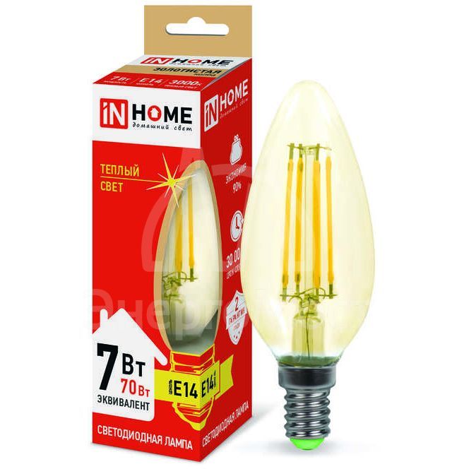 Лампа светодиодная LED-СВЕЧА-deco 7Вт 230В E14 3000К 630Лм зол. IN HOME 4690612007540