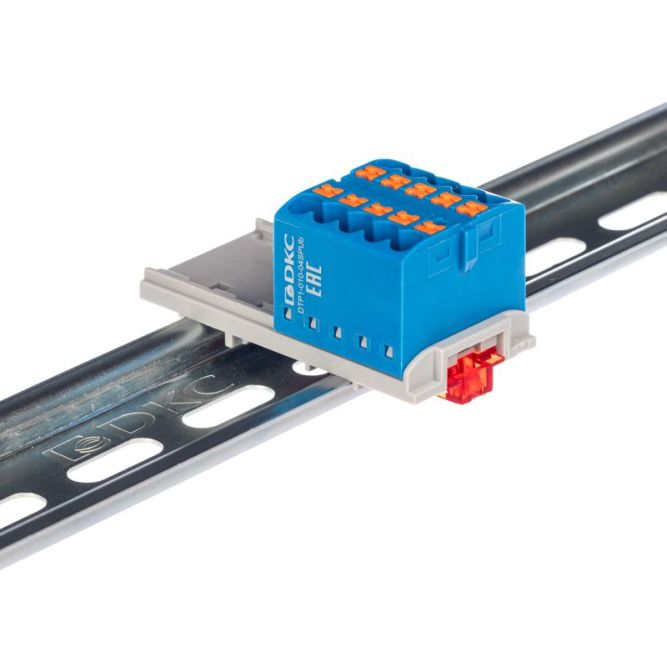 Блок распределительный с вертикал. адаптером на рейки шир. 15/35мм зажим push-in 10 точек подключения 2.5кв.мм син. DKC DTP1-010-04SPUB-V
