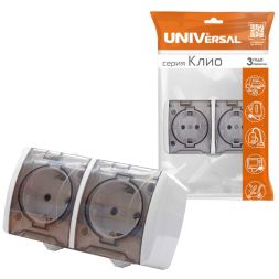 Розетка 2-м ОП Клио 16А IP54 с заземл. с прозр. крышкой бел. UNIVersal К2232