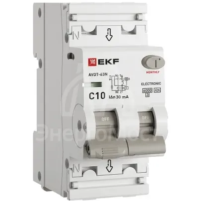 Выключатель автоматический дифференциального тока 2п (1P+N) C 10А 30мА тип A 6кА АВДТ-63N (электрон.) PROxima EKF D63N26EA10C30