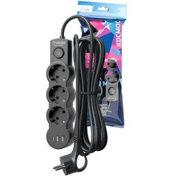 Удлинитель 3х1.5м с заземл. 10А IP20 USB 2800Вт 220В ПВС 3х1 с выкл. черн. КОСМОС YKsm1.5m3g-Z-VU10А-B