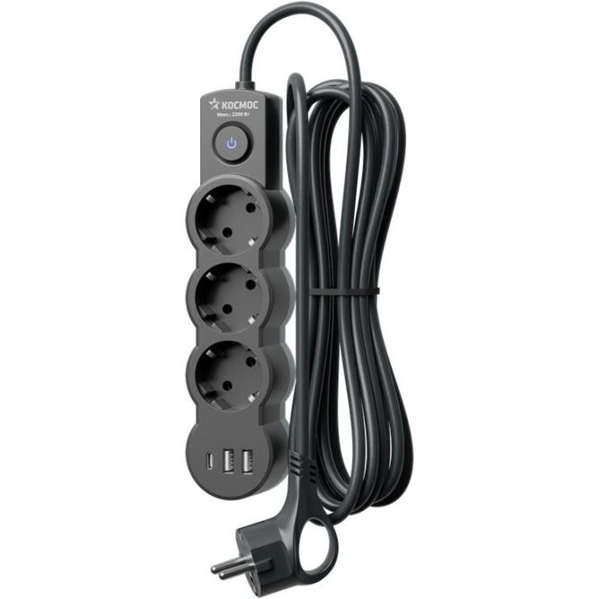 Удлинитель 3х1.5м с заземл. 10А IP20 USB 2800Вт 220В ПВС 3х1 с выкл. черн. КОСМОС YKsm1.5m3g-Z-VU10А-B