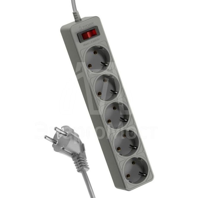 Удлинитель с сетевым фильтром 5х5м с заземл. 10А IP20 2.2кВт 3х0.75 индикатор сети сер. Космос FKsm5m-5g(G)