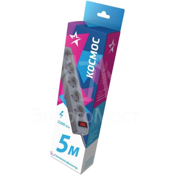 Удлинитель с сетевым фильтром 5х5м с заземл. 10А IP20 2.2кВт 3х0.75 индикатор сети сер. Космос FKsm5m-5g(G)