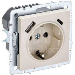 Розетка BRITE РЮш11-1-БрКр 16А с USB A+C 18Вт с заземл. защ. шторки беж. IEK BR-R14-16-U22-018-K10