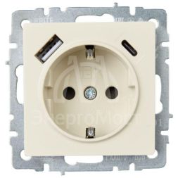 Розетка BRITE РЮш11-1-БрКр 16А с USB A+C 18Вт с заземл. защ. шторки беж. IEK BR-R14-16-U22-018-K10
