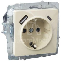 Розетка BRITE РЮш11-1-БрКр 16А с USB A+C 18Вт с заземл. защ. шторки беж. IEK BR-R14-16-U22-018-K10