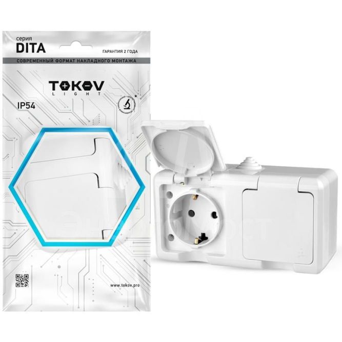 Розетка 2-м ОП Dita 16А IP54 250В с заземл. с крышкой бел. TOKOV LIGHT TKL-DT-R2Z-C01-IP54