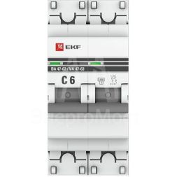 Выключатель автоматический модульный 2п C 6А 4.5кА ВА 47-63 PROxima EKF mcb4763-2-06C-pro