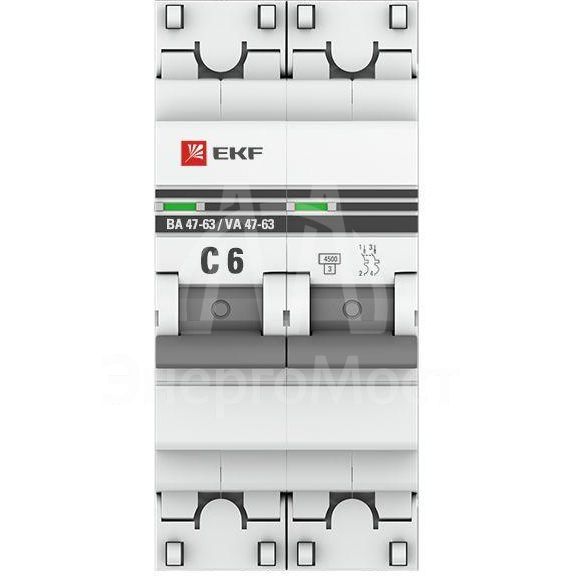 Выключатель автоматический модульный 2п C 6А 4.5кА ВА 47-63 PROxima EKF mcb4763-2-06C-pro