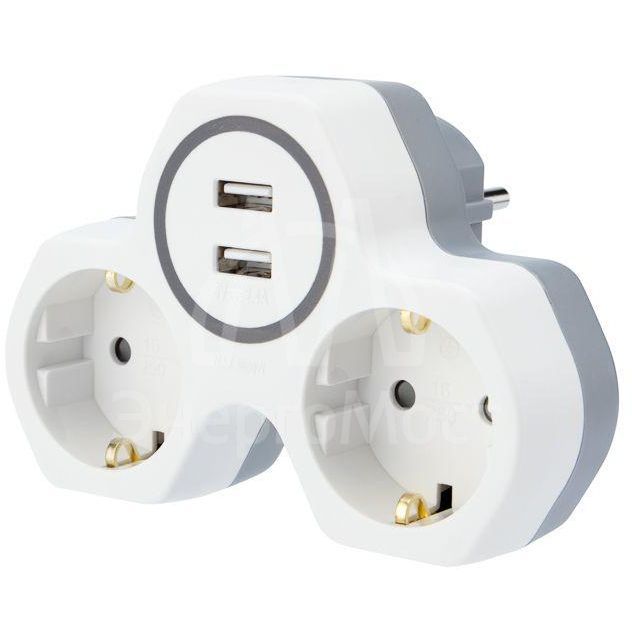 Двойник электрический 16А с заземл. и защ. шторки + 2 USB порта 24А бел. Rexant 11-1089