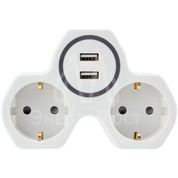 Двойник электрический 16А с заземл. и защ. шторки + 2 USB порта 24А бел. Rexant 11-1089