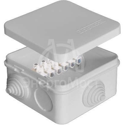 Коробка распределительная ОП 75х75х45мм IP54 с клемм. 7 выходов 3 гермоввода 10А 6 контактов крышка защелкивающаяся сер. Epplast 220324