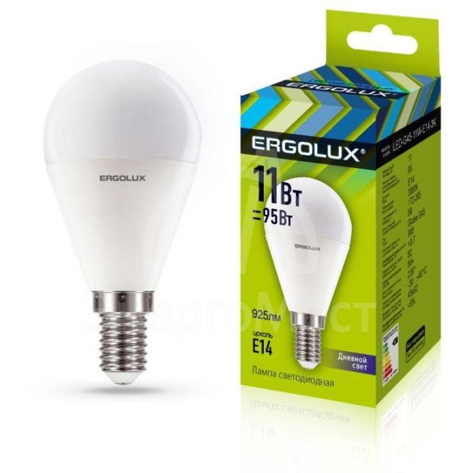 Лампа светодиодная LED-G45-11W-E14-6K Шар 11Вт E14 6500К 172-265В Ergolux 13629