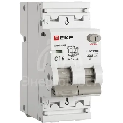 Выключатель автоматический дифференциального тока 2п (1P+N) C 16А 30мА тип AC 6кА АВДТ-63N (электрон.) PROxima EKF D63N26E16C30