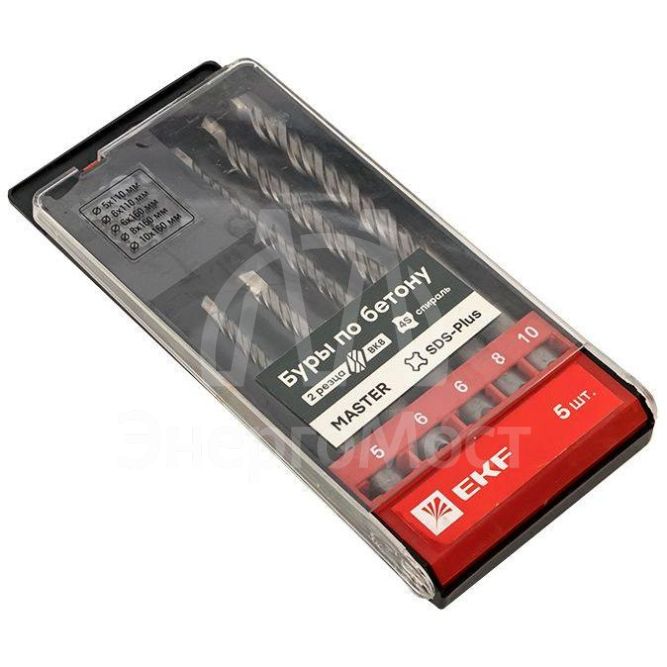 Набор буров по бетону SDS-plus (5/110; 6/110; 6/160; 8/160; 10/160) 2 резца 4S спираль Master EKF db-h5-2x4