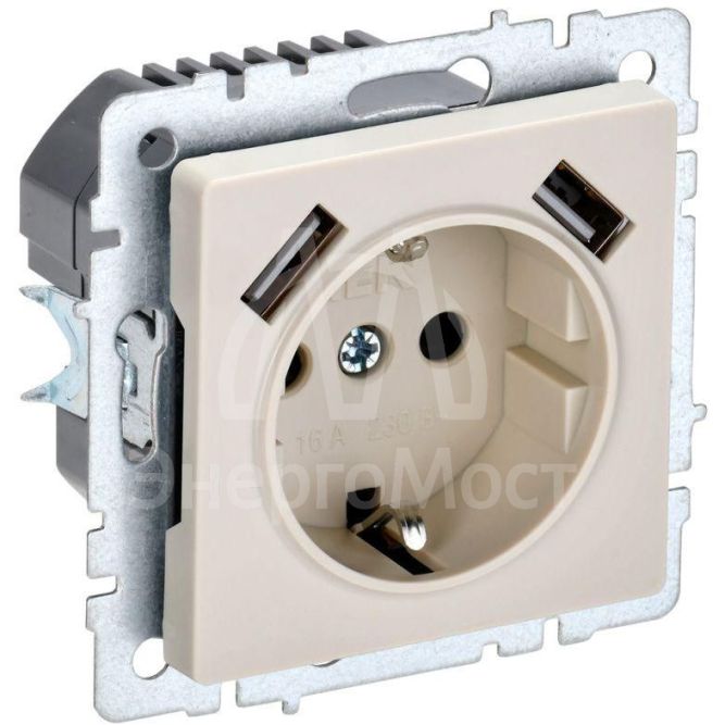 Розетка BRITE РЮш10-2-БрКр 16А с USB A+A 3.1А с заземл. защ. шторки беж. IEK BR-R14-16-U21-D31-K10