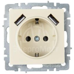 Розетка BRITE РЮш10-2-БрКр 16А с USB A+A 3.1А с заземл. защ. шторки беж. IEK BR-R14-16-U21-D31-K10