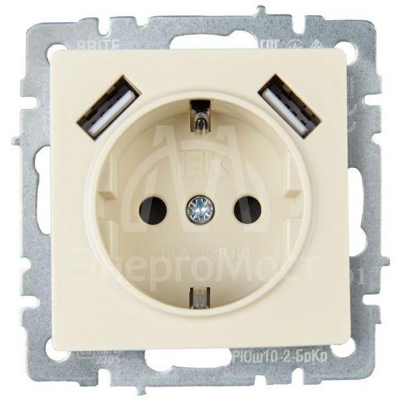 Розетка BRITE РЮш10-2-БрКр 16А с USB A+A 3.1А с заземл. защ. шторки беж. IEK BR-R14-16-U21-D31-K10