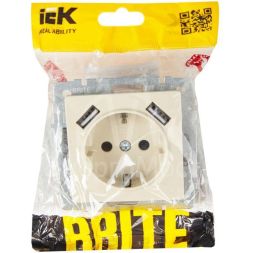 Розетка BRITE РЮш10-2-БрКр 16А с USB A+A 3.1А с заземл. защ. шторки беж. IEK BR-R14-16-U21-D31-K10