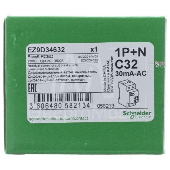 Выключатель автоматический дифференциального тока 2п (1P+N) C 32А 30мА тип AC 4.5кА EASY9 2мод. SchE EZ9D34632