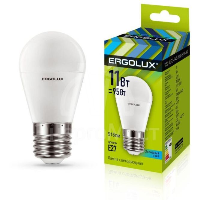 Лампа светодиодная LED-G45-11W-E27-4K Шар 11Вт E27 4500К 172-265В Ergolux 13631