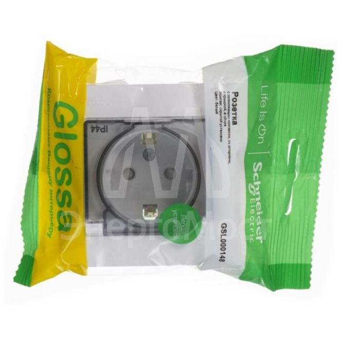 Розетка 1-м СП Glossa 16А IP44 с защ. крышкой защ. шторки с заземл. в сборе бел. SchE GSL000148