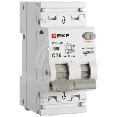 Выключатель автоматический дифференциального тока 2п (1P+N) C 16А 30мА тип A 6кА АВДТ-63N (электрон.) PROxima EKF D63N26EA16C30