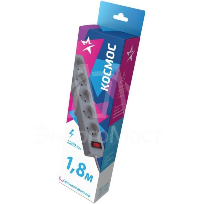 Удлинитель с сетевым фильтром 5х1.8м с заземл. 10А IP20 2.2кВт 3х0.75 индикатор сети сер. Космос FKsm1.8m-5g(G)