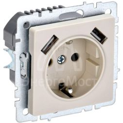 Розетка BRITE РЮш10-1-БрКр 16А с USB A+A 2.1А с заземл. защ. шторки беж. IEK BR-R14-16-U21-D21-K10