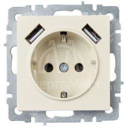 Розетка BRITE РЮш10-1-БрКр 16А с USB A+A 2.1А с заземл. защ. шторки беж. IEK BR-R14-16-U21-D21-K10