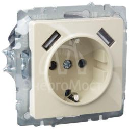 Розетка BRITE РЮш10-1-БрКр 16А с USB A+A 2.1А с заземл. защ. шторки беж. IEK BR-R14-16-U21-D21-K10