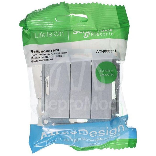 Механизм выключателя 3-кл. СП AtlasDesign 10А IP20 (сх. 1+1+1) 10AX алюм. SchE ATN000331