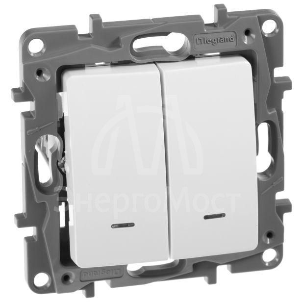Механизм переключателя 2-кл. СП Etika Plus 10А IP20 250В 10AX с подсветкой безвинт. зажимы бел. Leg 672216