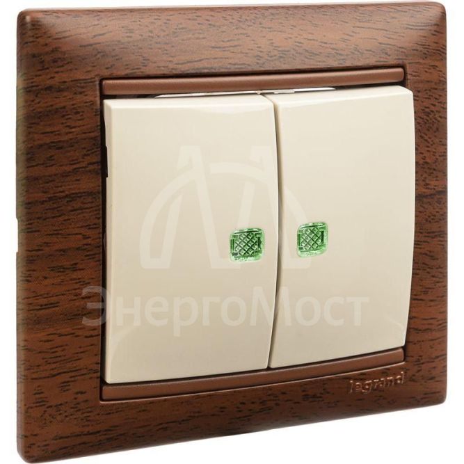 Механизм выключателя 2-кл. СП Valena 10А IP31 250В с зел. подсветкой сл. кость Leg 774328