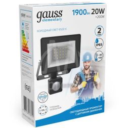 Прожектор светодиодный Elementary 20Вт 1380лм IP65 6500К с датчиком движения Gauss 628511320