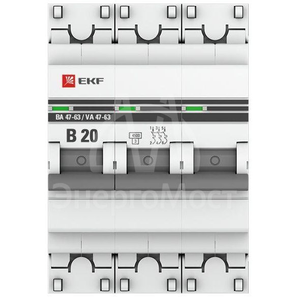 Выключатель автоматический модульный 3п B 20А 4.5кА ВА 47-63 PROxima EKF mcb4763-3-20B-pro