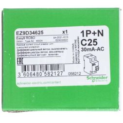 Выключатель автоматический дифференциального тока 2п (1P+N) C 25А 30мА тип AC 4.5кА EASY9 2мод. SchE EZ9D34625