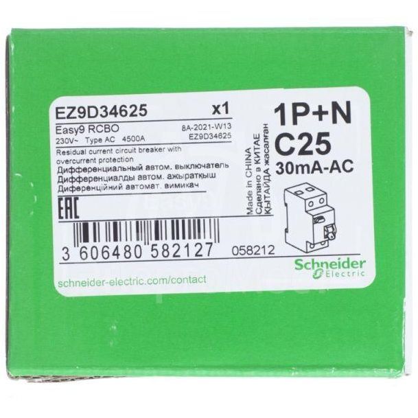 Выключатель автоматический дифференциального тока 2п (1P+N) C 25А 30мА тип AC 4.5кА EASY9 2мод. SchE EZ9D34625