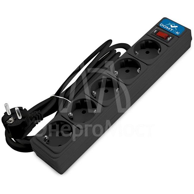 Удлинитель с сетевым фильтром 5х5м с заземл 10А IP20 2.2кВт ПВС 3х1 с выкл. черн. DOMTOK 2539
