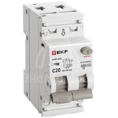 Выключатель автоматический дифференциального тока 2п (1P+N) C 20А 30мА тип A 6кА АВДТ-63N (электрон.) PROxima EKF D63N26EA20C30