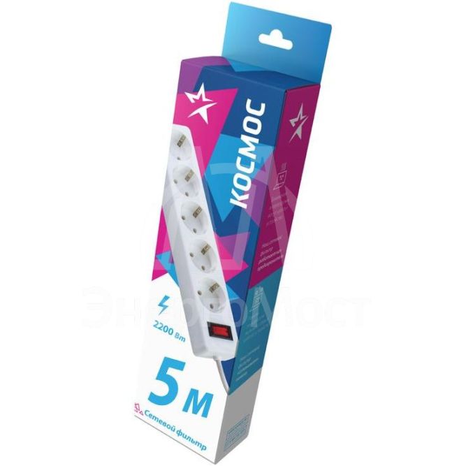 Удлинитель с сетевым фильтром 5х5м с заземл. 10А IP20 2.2кВт 3х0.75 индикатор сети бел. Космос FKsm5m-5g(W)