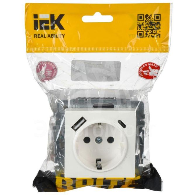 Розетка BRITE РЮш11-1-БрБ 16А с USB A+C 18Вт с заземл. защ. шторки бел. IEK BR-R14-16-U22-018-K01