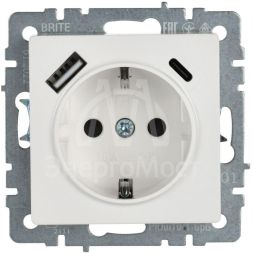 Розетка BRITE РЮш11-1-БрБ 16А с USB A+C 18Вт с заземл. защ. шторки бел. IEK BR-R14-16-U22-018-K01