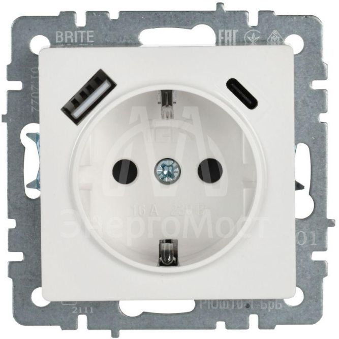 Розетка BRITE РЮш11-1-БрБ 16А с USB A+C 18Вт с заземл. защ. шторки бел. IEK BR-R14-16-U22-018-K01